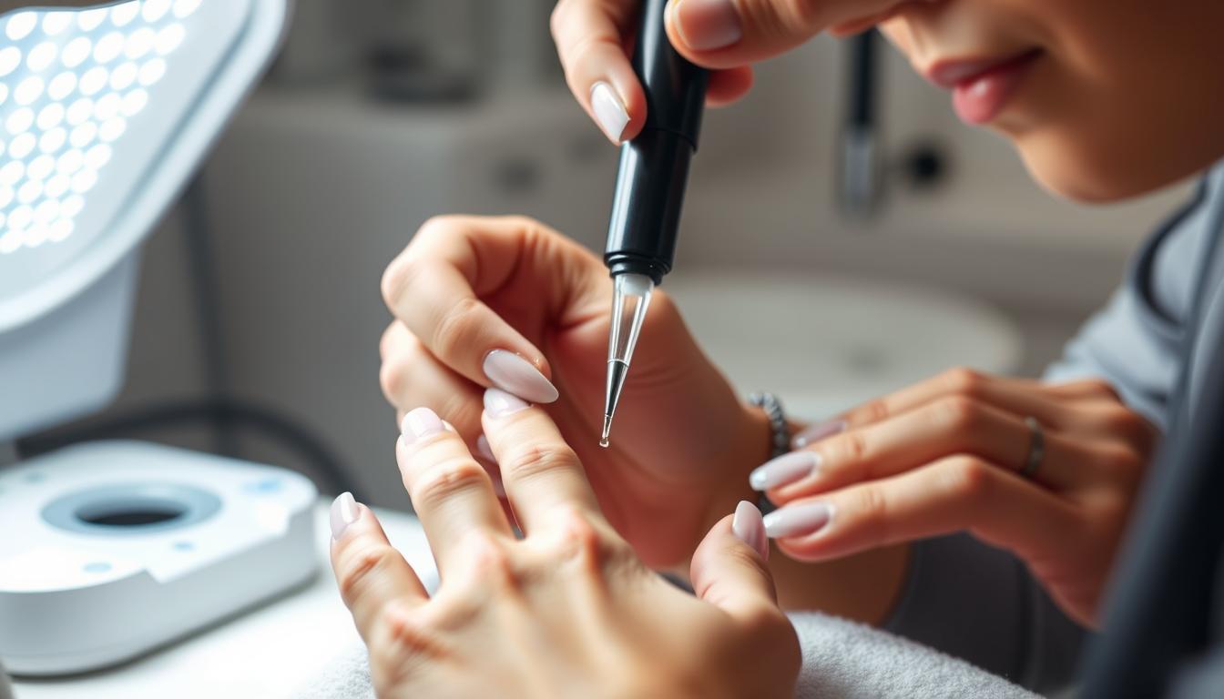 Diferentes tipos de géis para unhas em gel sendo aplicados